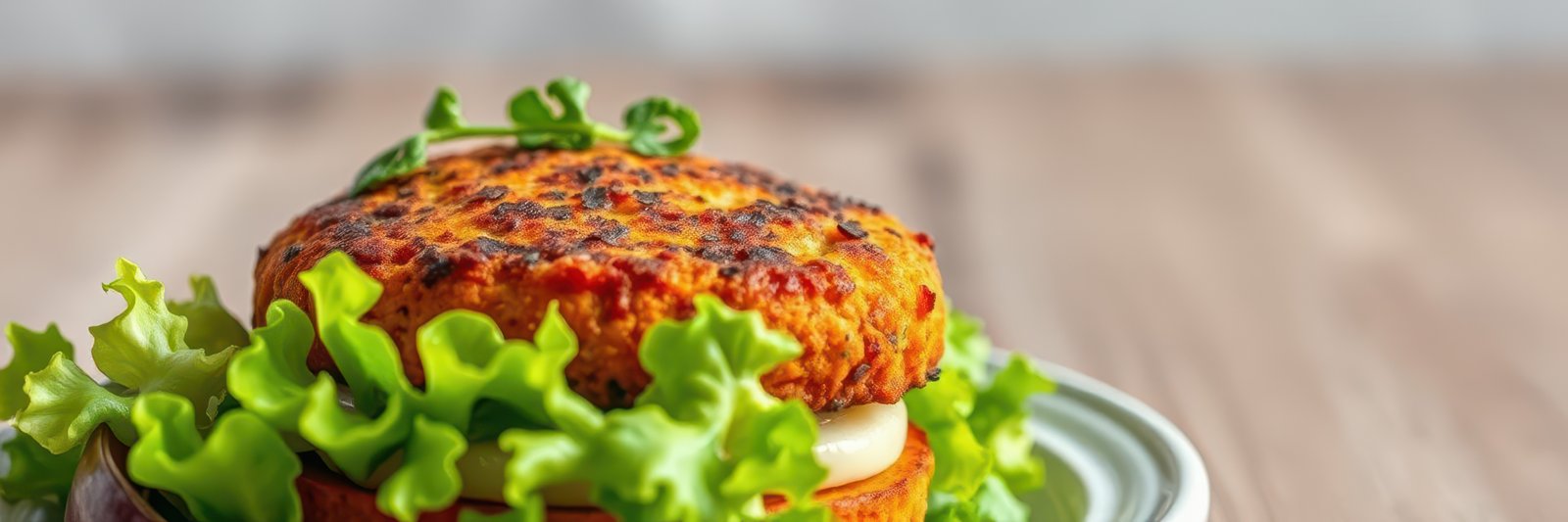 Delicious vegetable burger topped with fresh lettuce on a rustic wooden table
